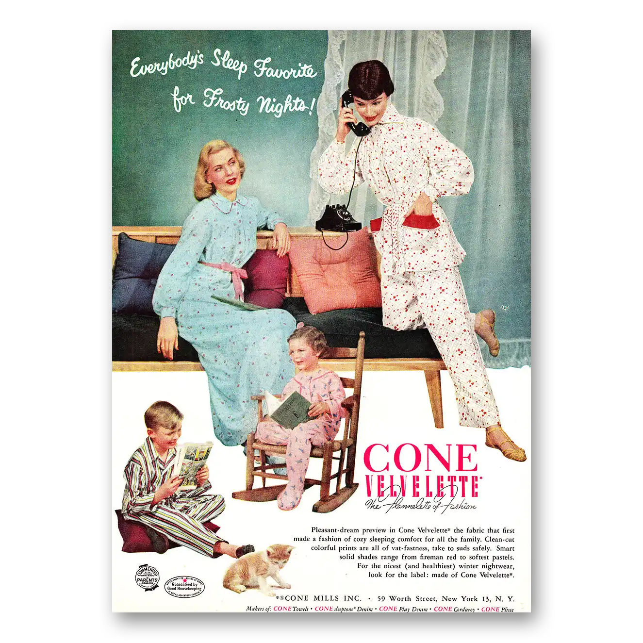 1952 Cone Mills Velvelette Sleep Favorite for Frosty Nights Vintage Magazine Print Ad