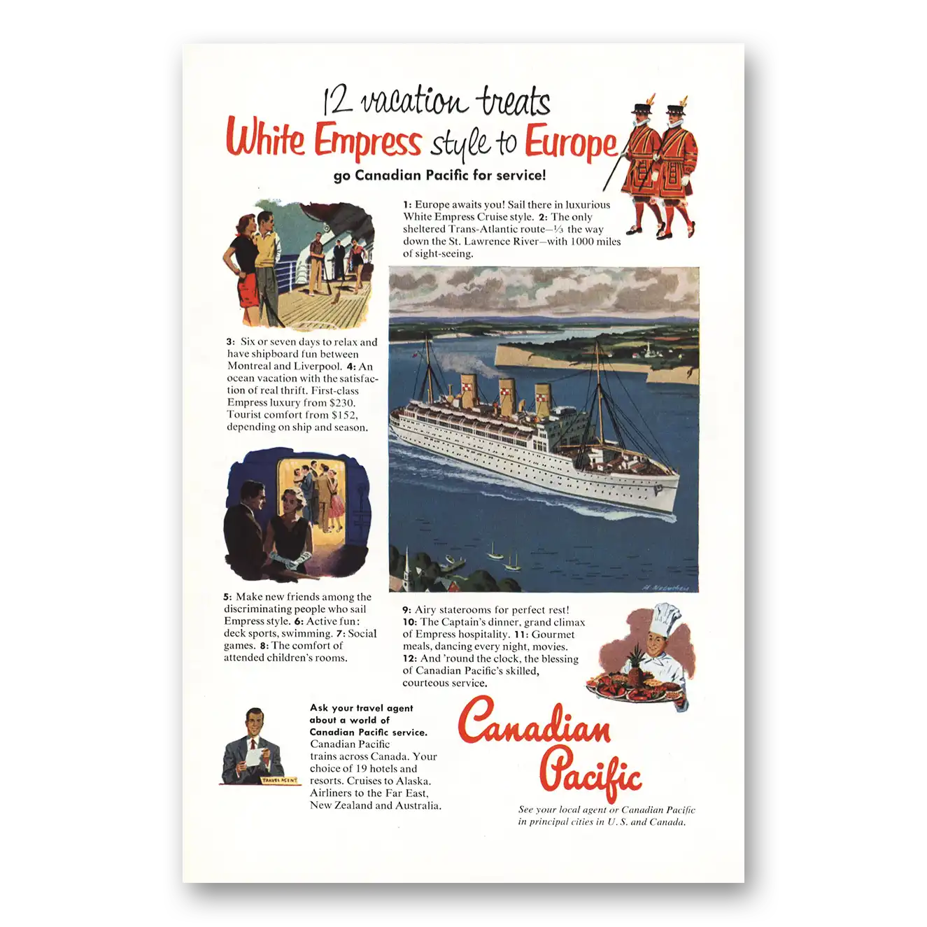 1952 Canadian Pacific White Empress Style to Europe Vintage Magazine Print Ad