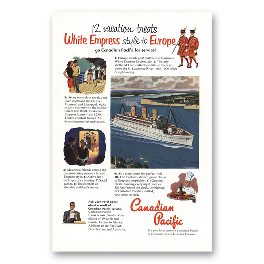 1952 Canadian Pacific White Empress Style to Europe Vintage Magazine Print Ad