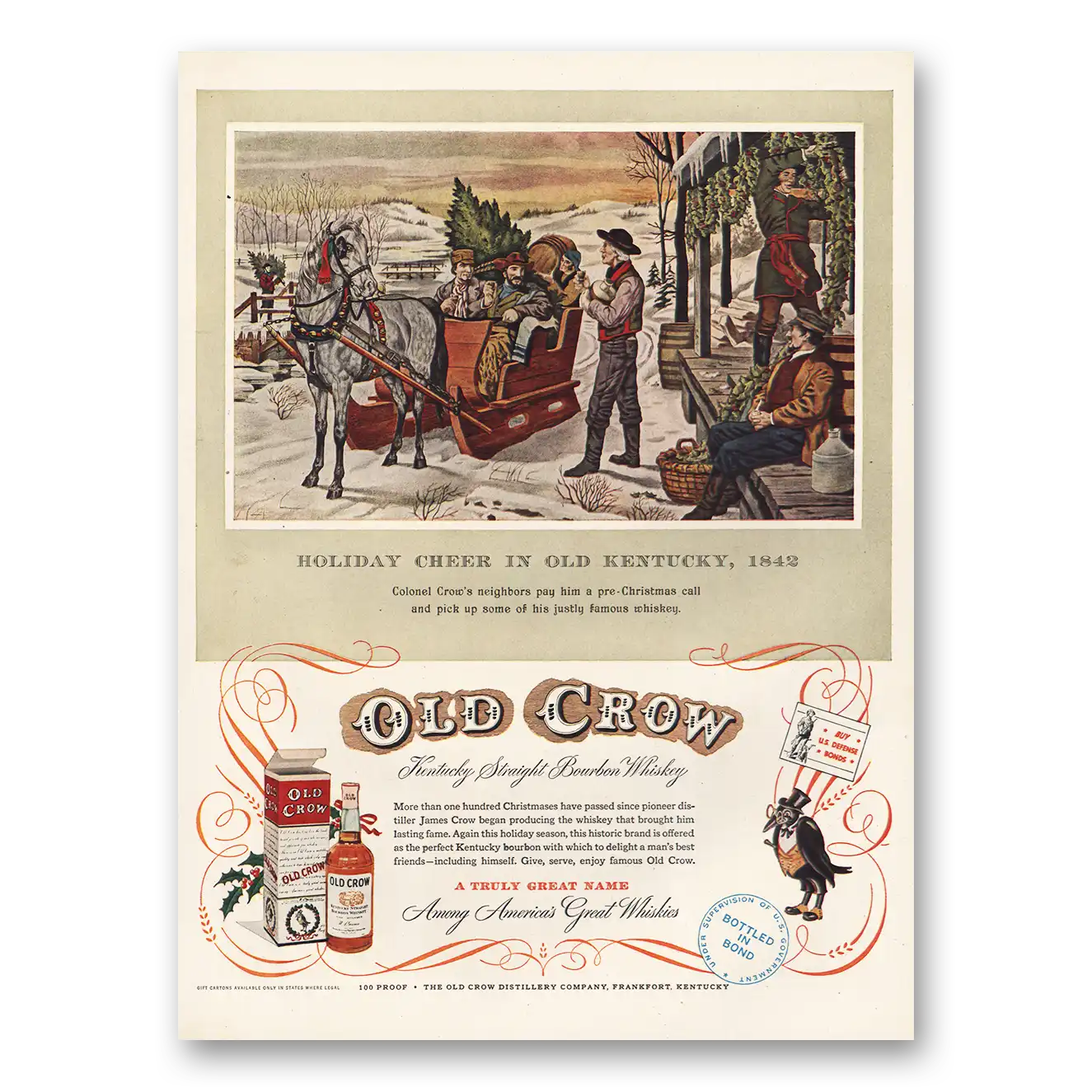 1952 Old Crow Holiday Cheer Vintage Magazine Print Ad