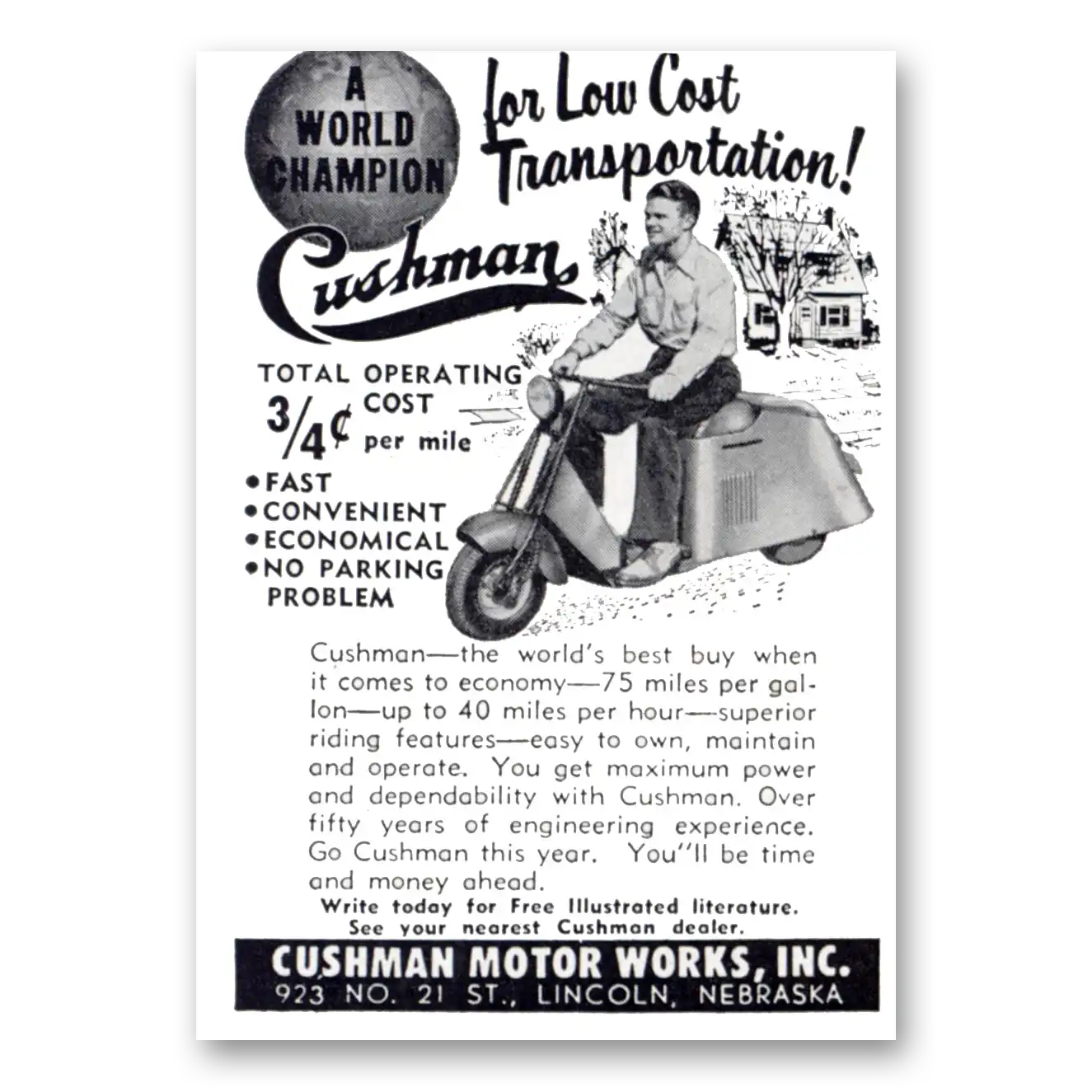 1952 Cushman Motors World Champion Vintage Magazine Print Ad