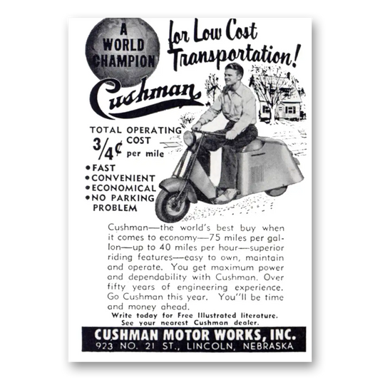 1952 Cushman Motors World Champion Vintage Magazine Print Ad