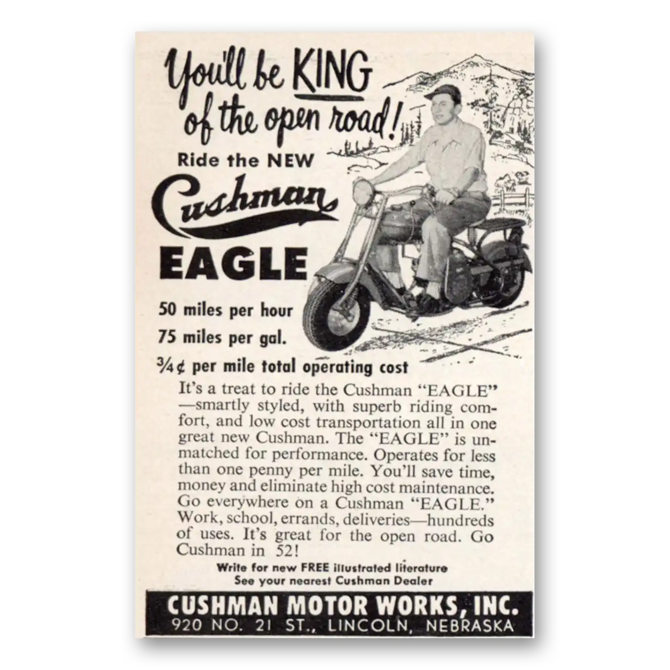 1952 Cushman Eagle Be King of the Open Road Vintage Magazine Print Ad