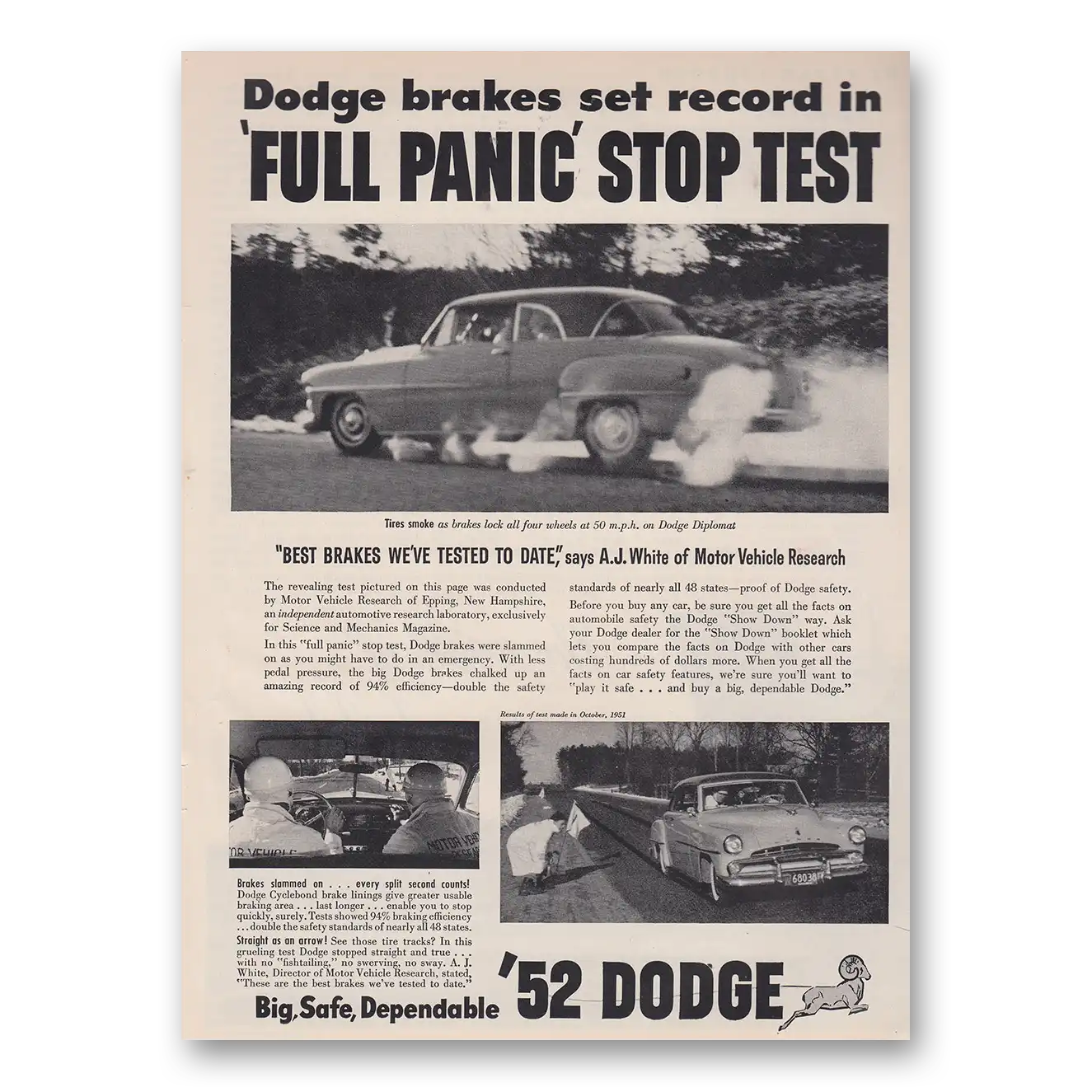 1952 Dodge Brakes Set Record in Full Panic Stop Test Vintage Magazine Print Ad