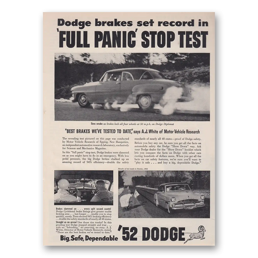 1952 Dodge Brakes Set Record in Full Panic Stop Test Vintage Magazine Print Ad