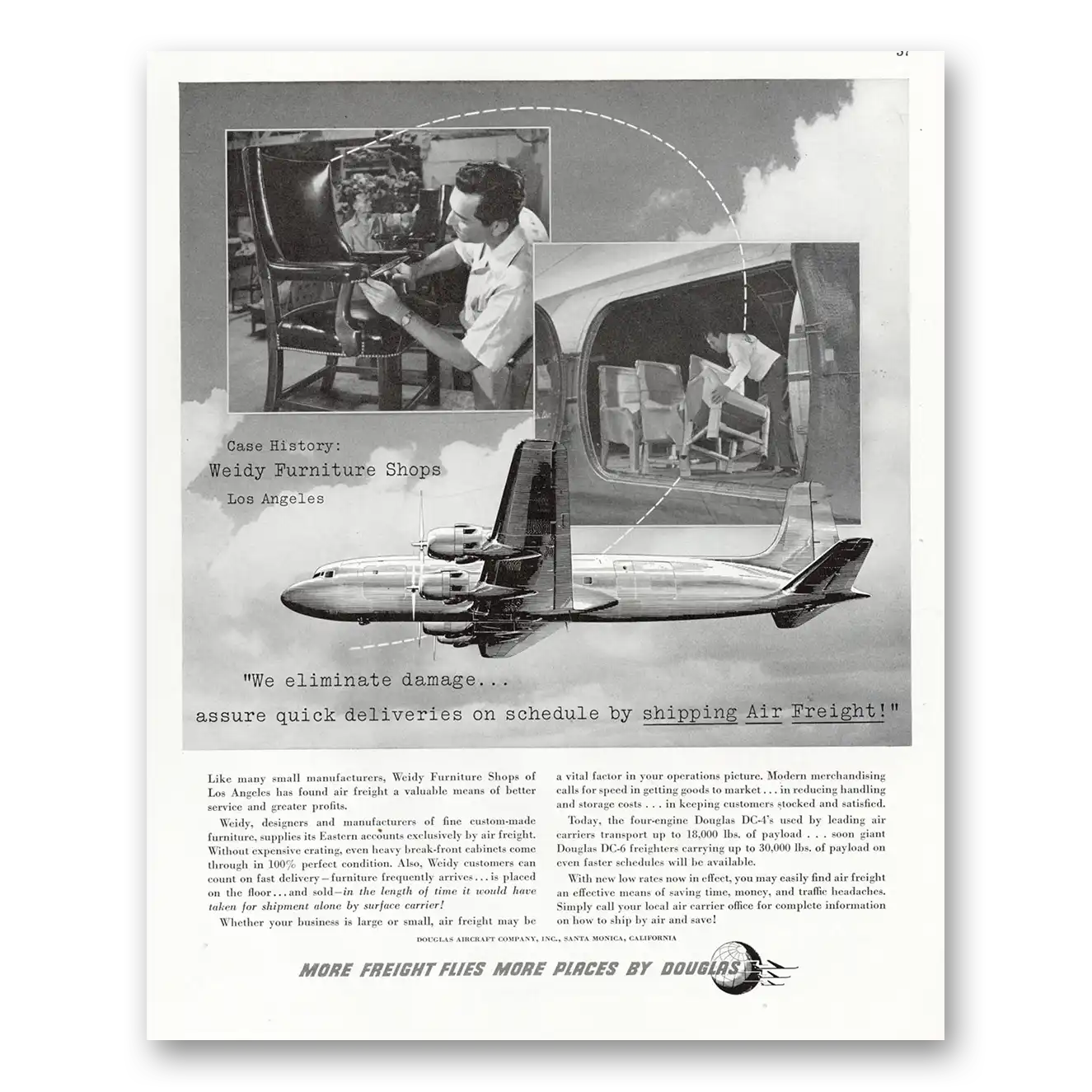 1952 Douglas Air Freight Weidy Furniture Shops Vintage Magazine Print Ad