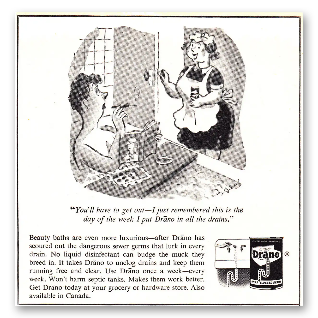 1952 Drano Have to Get Out Vintage Magazine Print Ad