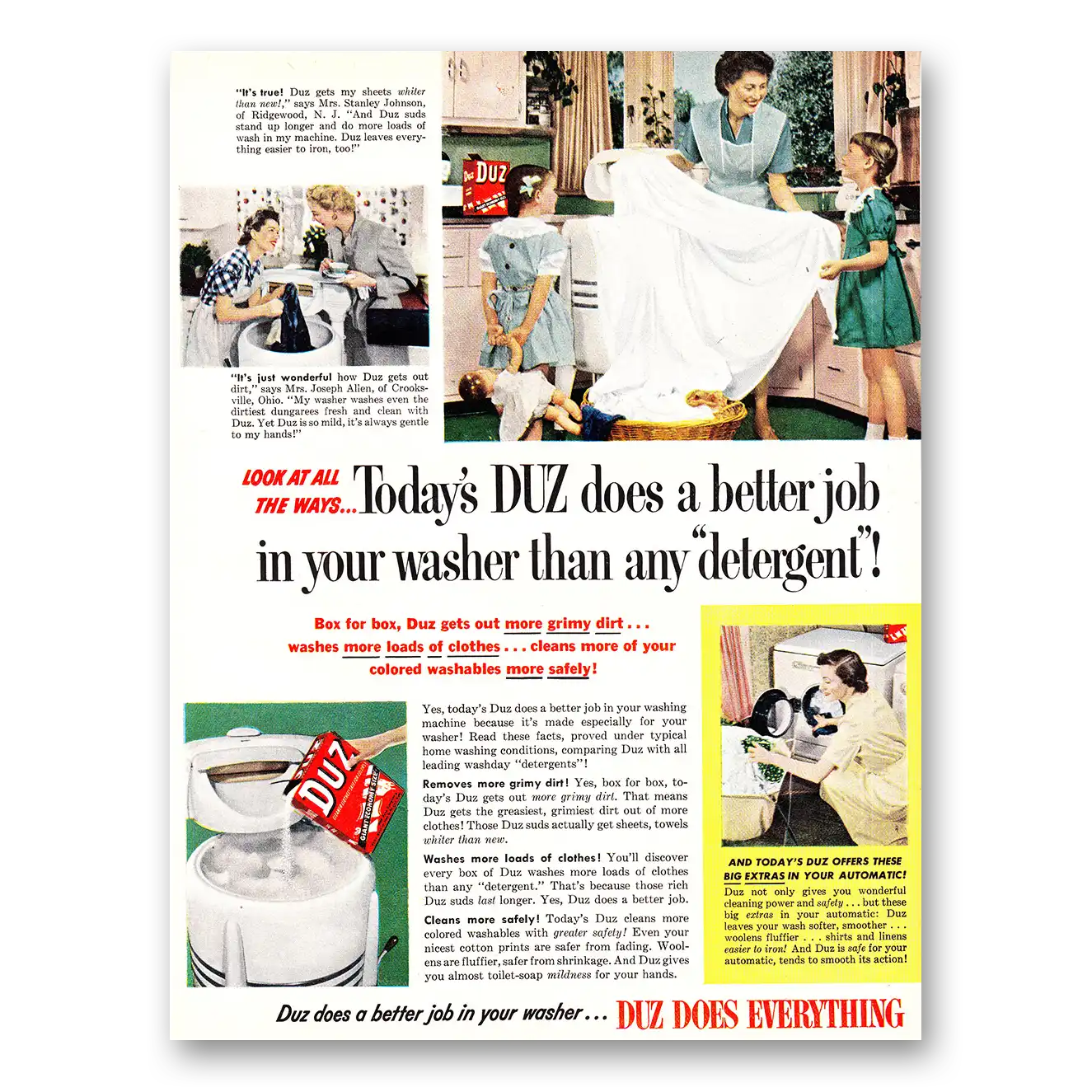 1952 Duz Detergent Does a Better Job in Your Washer Vintage Magazine Print Ad