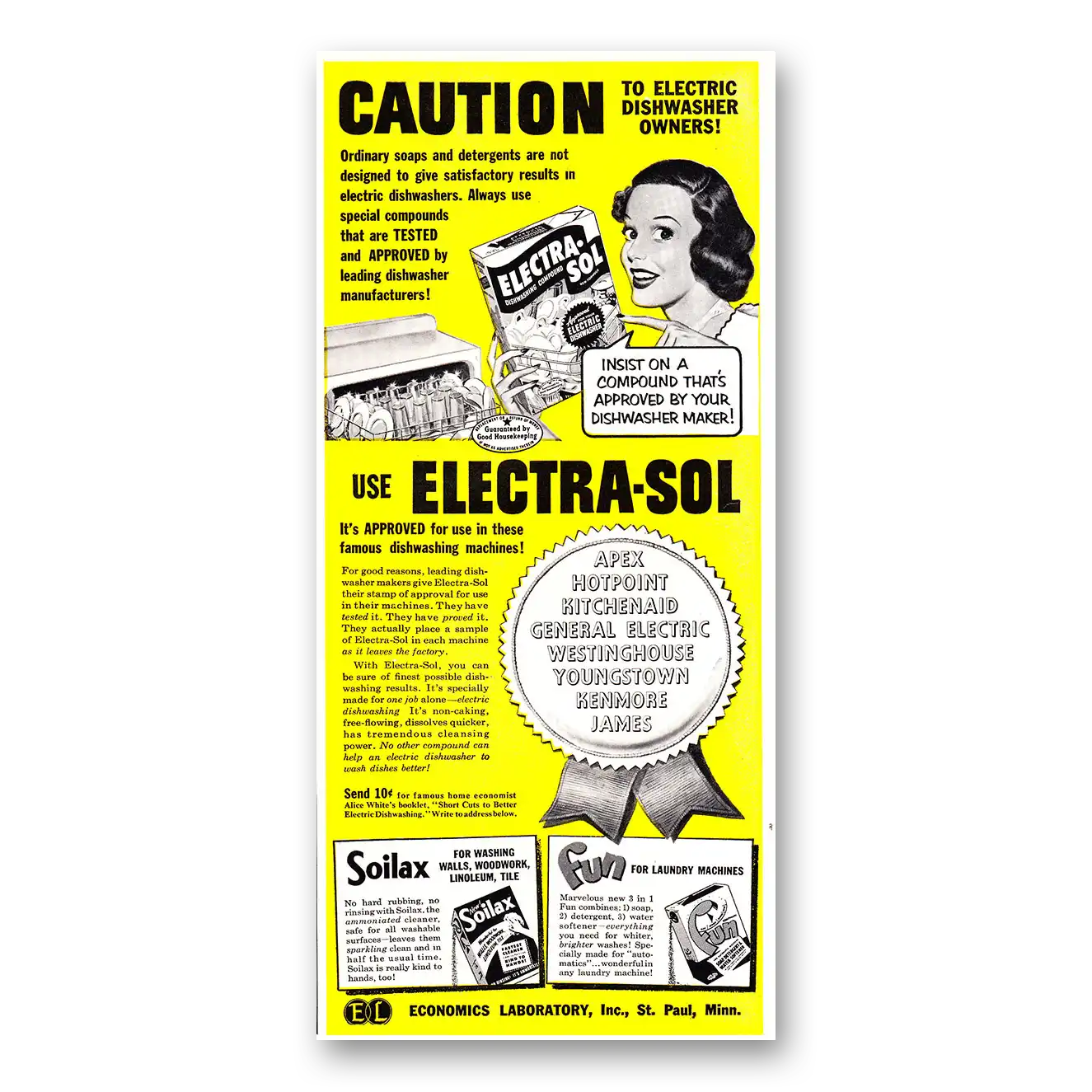 1952 Electra-Sol Dishwasher Detergent Caution to Electric Dishwasher Owners Vintage Magazine Print Ad