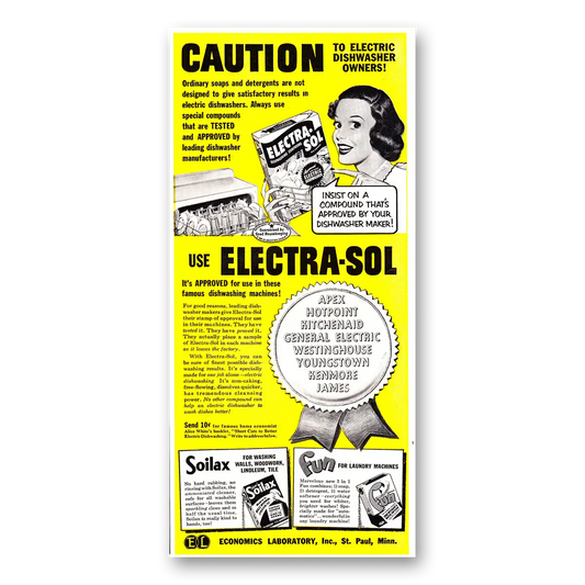 1952 Electra-Sol Dishwasher Detergent Caution to Electric Dishwasher Owners Vintage Magazine Print Ad