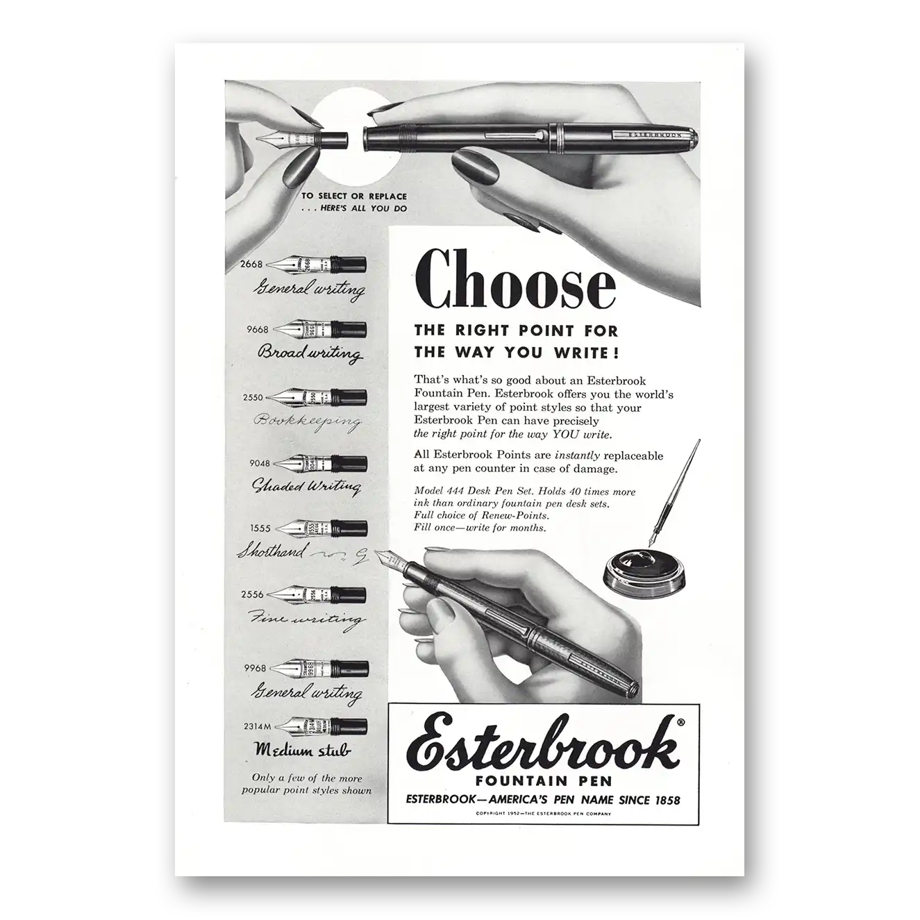 1952 Esterbrook Fountain Pen Choose the Right Point Vintage Magazine Print Ad