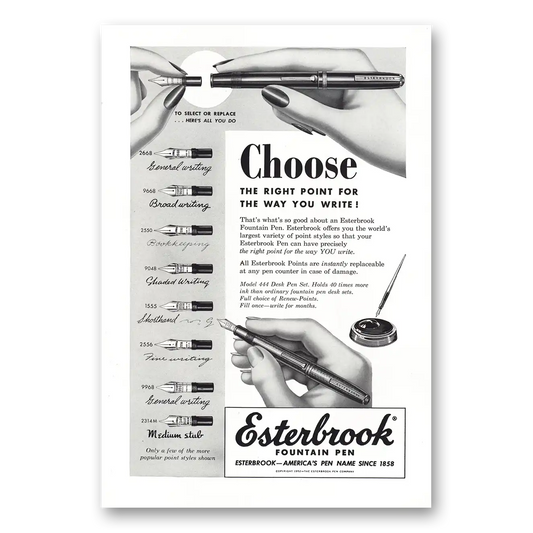 1952 Esterbrook Fountain Pen Choose the Right Point Vintage Magazine Print Ad