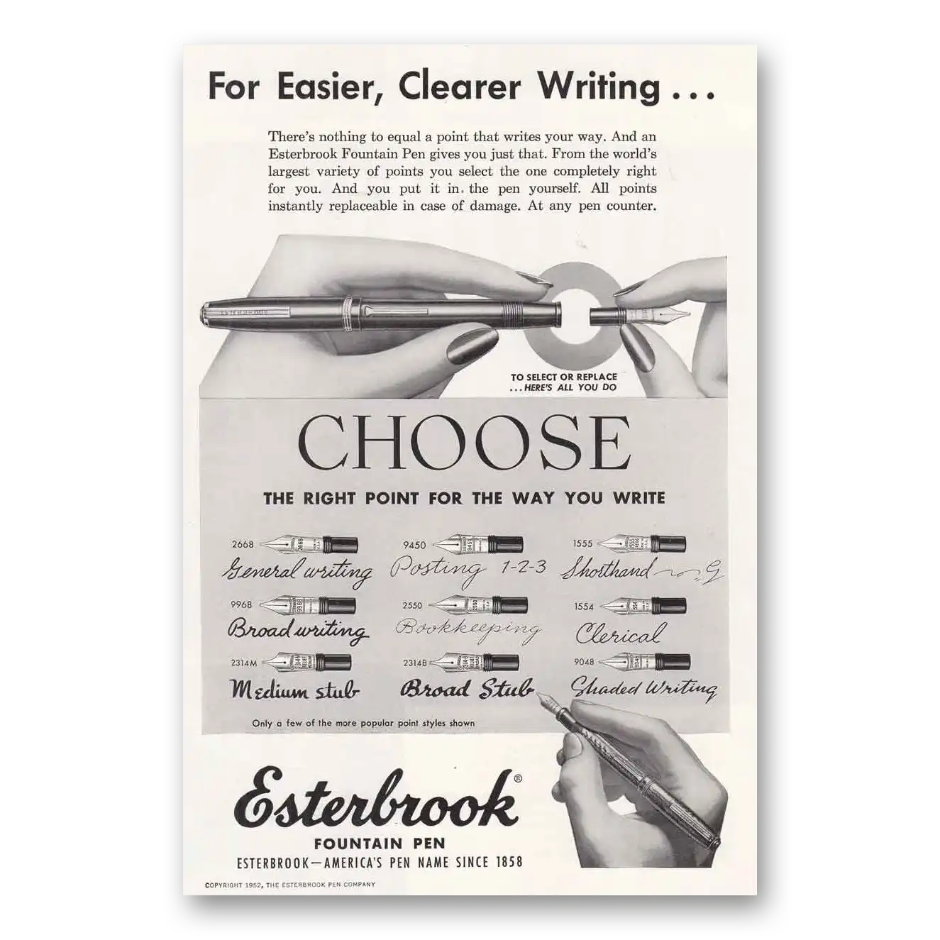 1952 Esterbrook Fountain Pen Easier Clearer Writing Vintage Magazine Print Ad