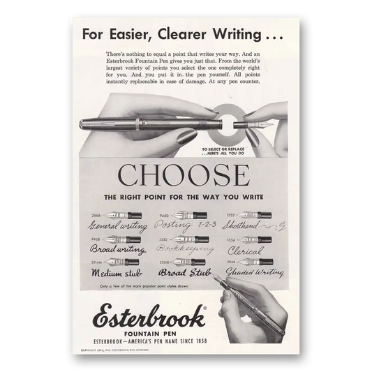 1952 Esterbrook Fountain Pen Easier Clearer Writing Vintage Magazine Print Ad