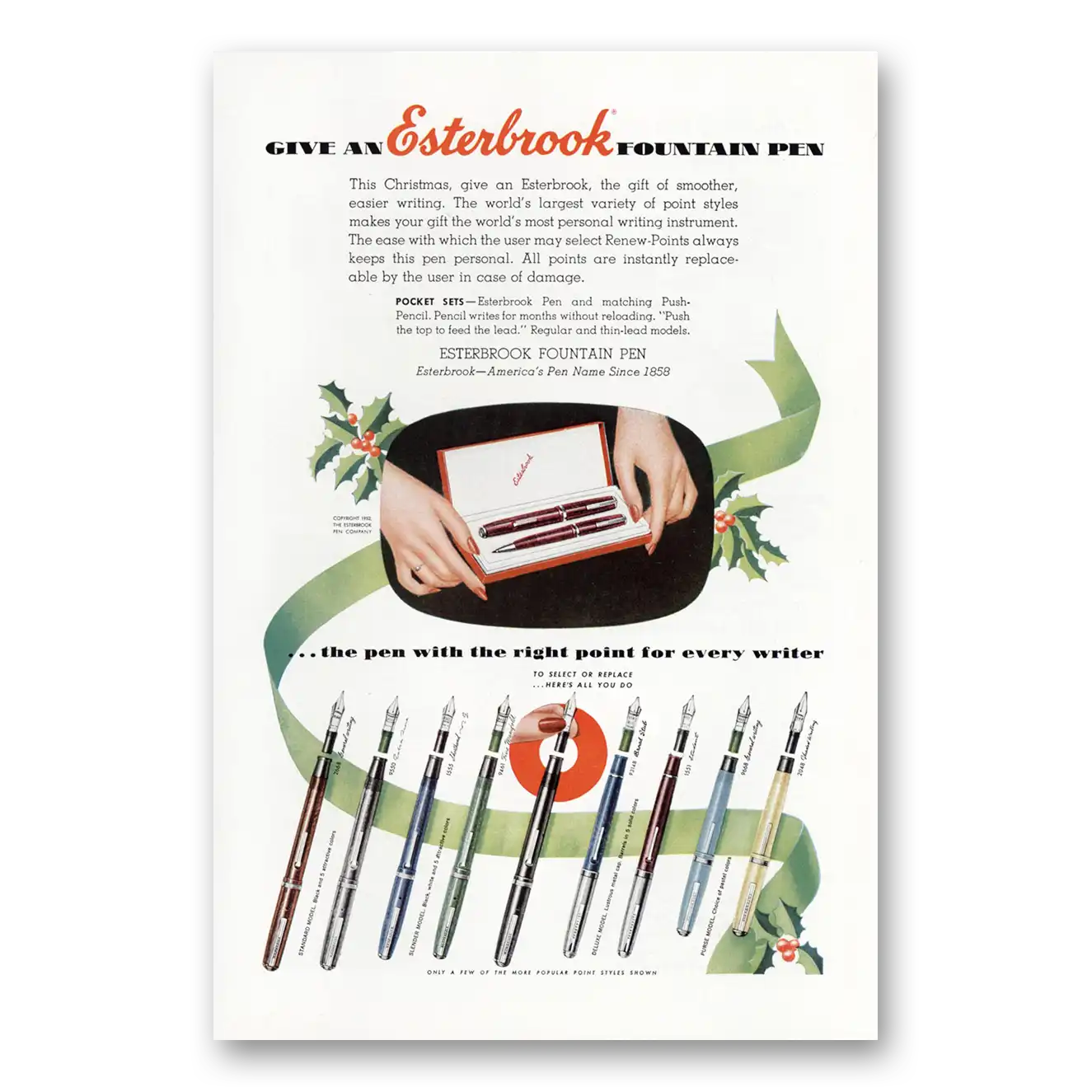 1952 Esterbrook Fountain Pen Right Point for Every Writer Vintage Magazine Print Ad