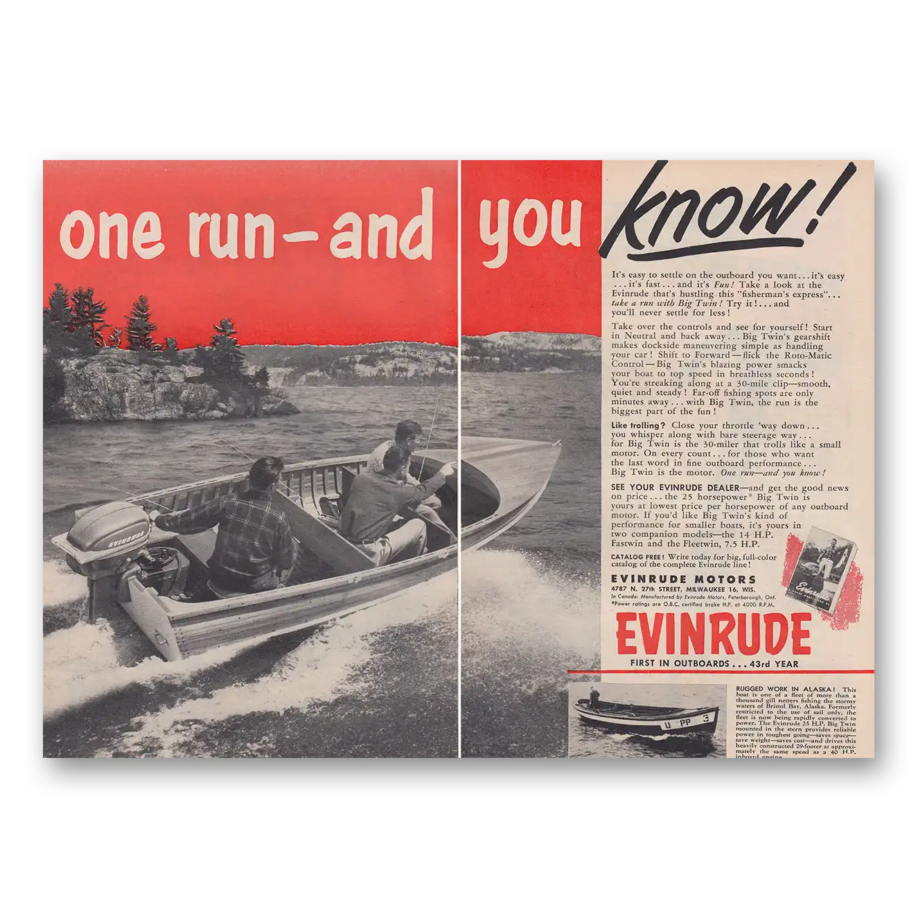 1952 Evinrude One Run and You Know Vintage Magazine Print Ad