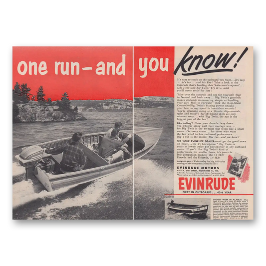 1952 Evinrude One Run and You Know Vintage Magazine Print Ad