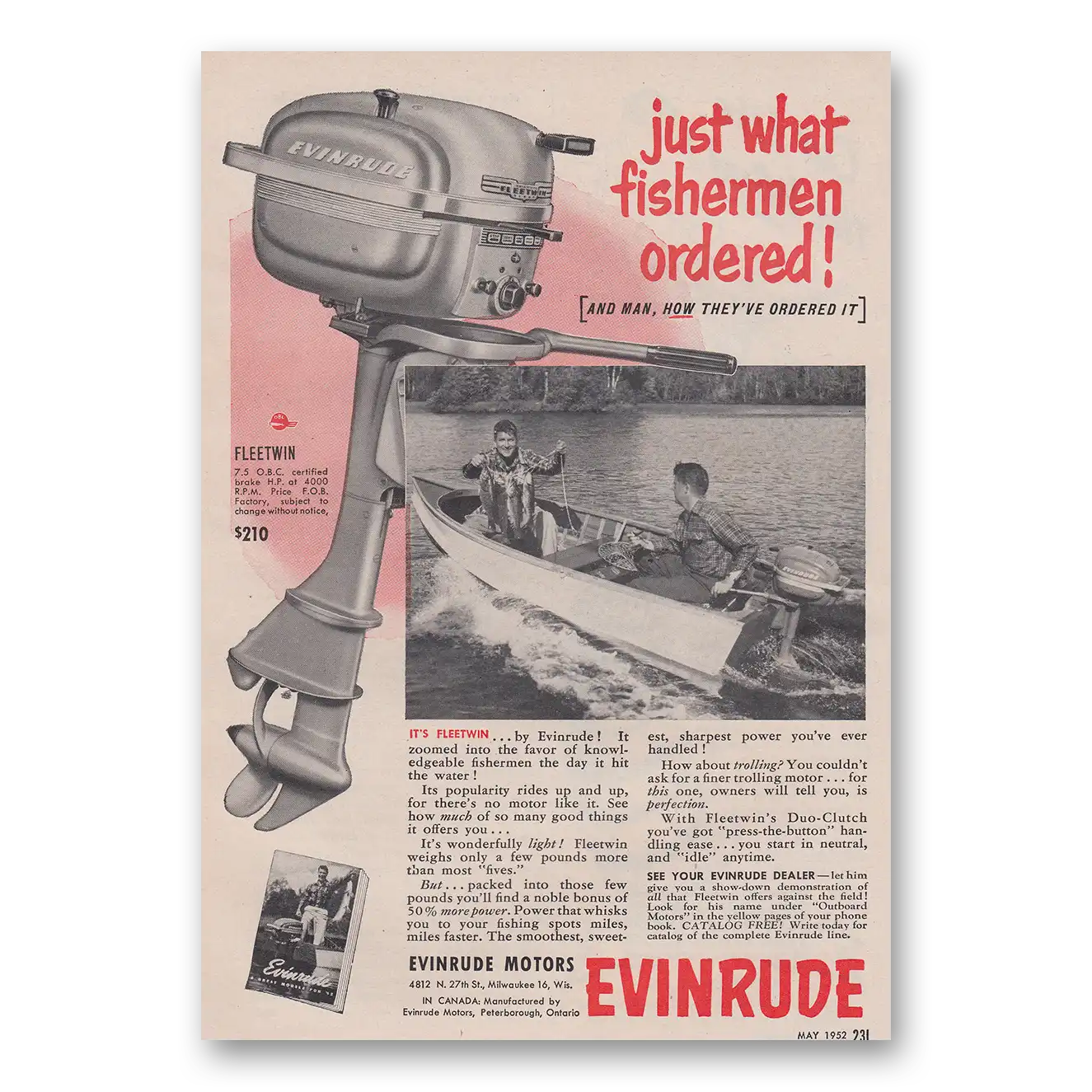 1952 Evinrude Just What Fishermen Ordered Vintage Magazine Print Ad