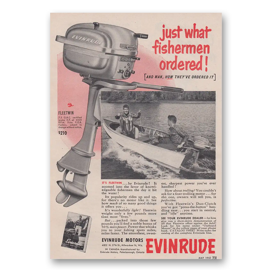 1952 Evinrude Just What Fishermen Ordered Vintage Magazine Print Ad