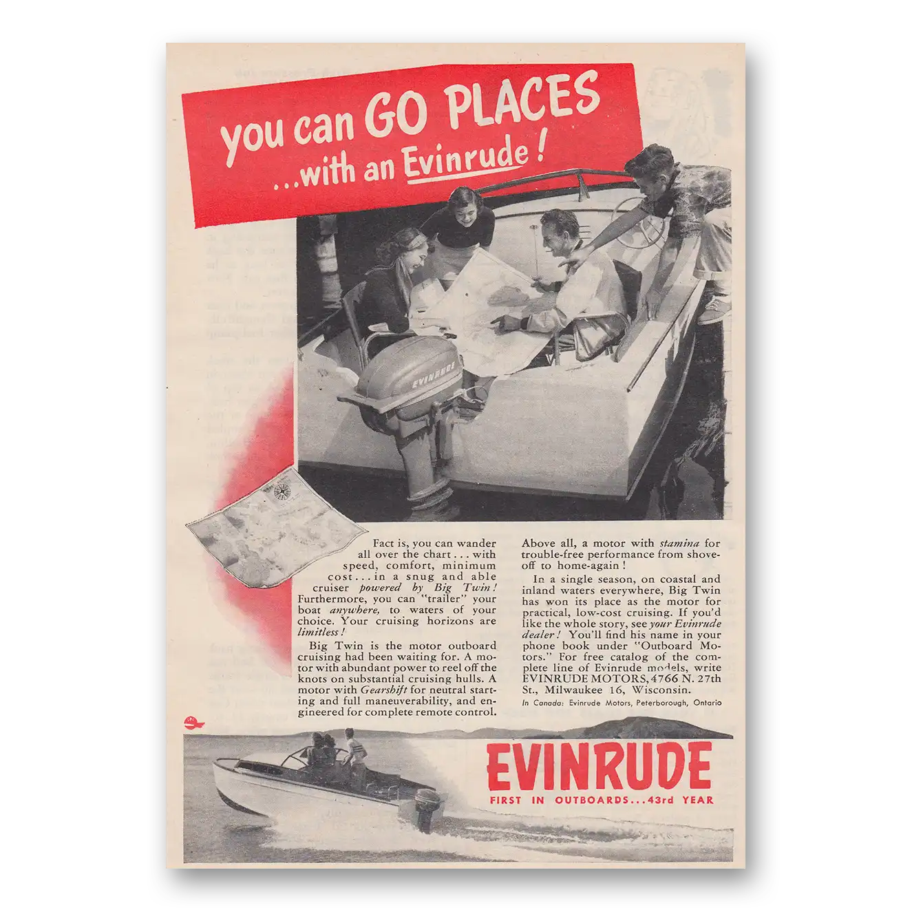 1952 Evinrude You Can Go Places Vintage Magazine Print Ad