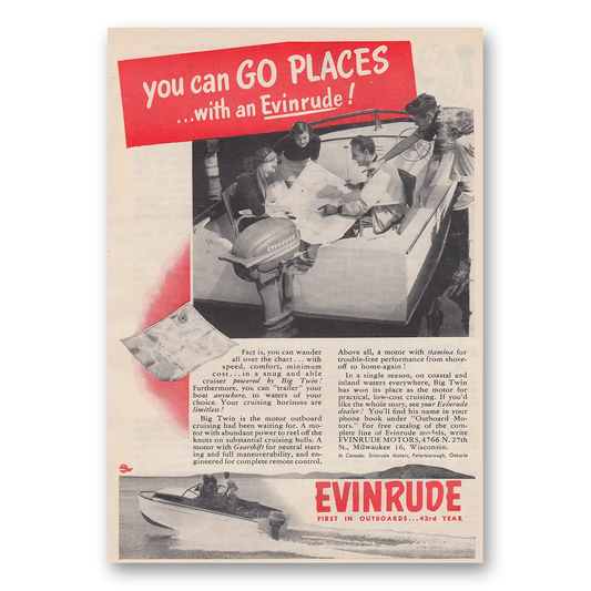 1952 Evinrude You Can Go Places Vintage Magazine Print Ad