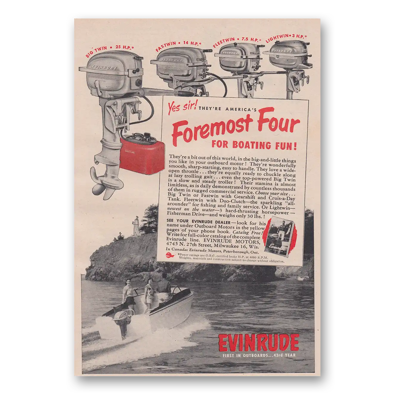 1952 Evinrude Foremost Four for Boating Fun Vintage Magazine Print Ad