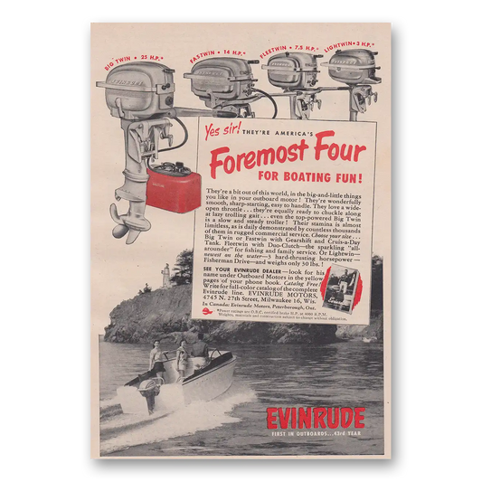 1952 Evinrude Foremost Four for Boating Fun Vintage Magazine Print Ad