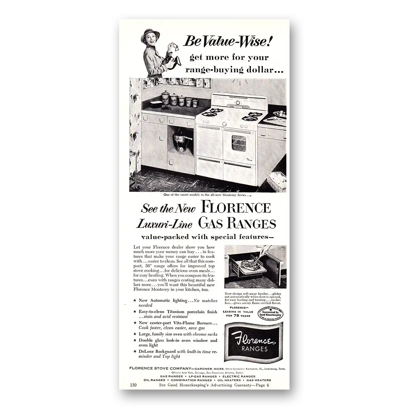 1952 Florence Gas Range Luxury Line Vintage Magazine Print Ad