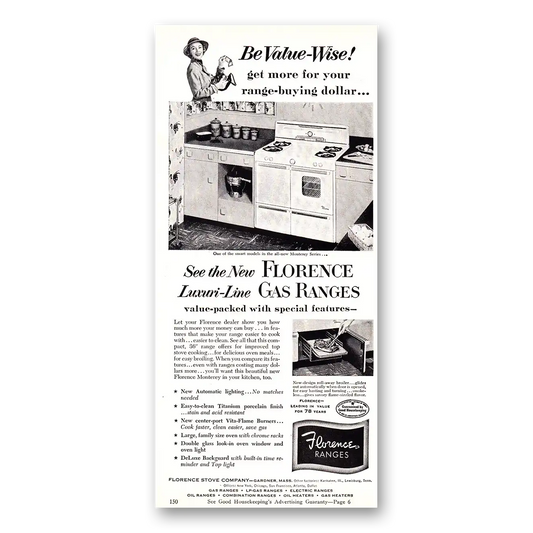 1952 Florence Gas Range Luxury Line Vintage Magazine Print Ad