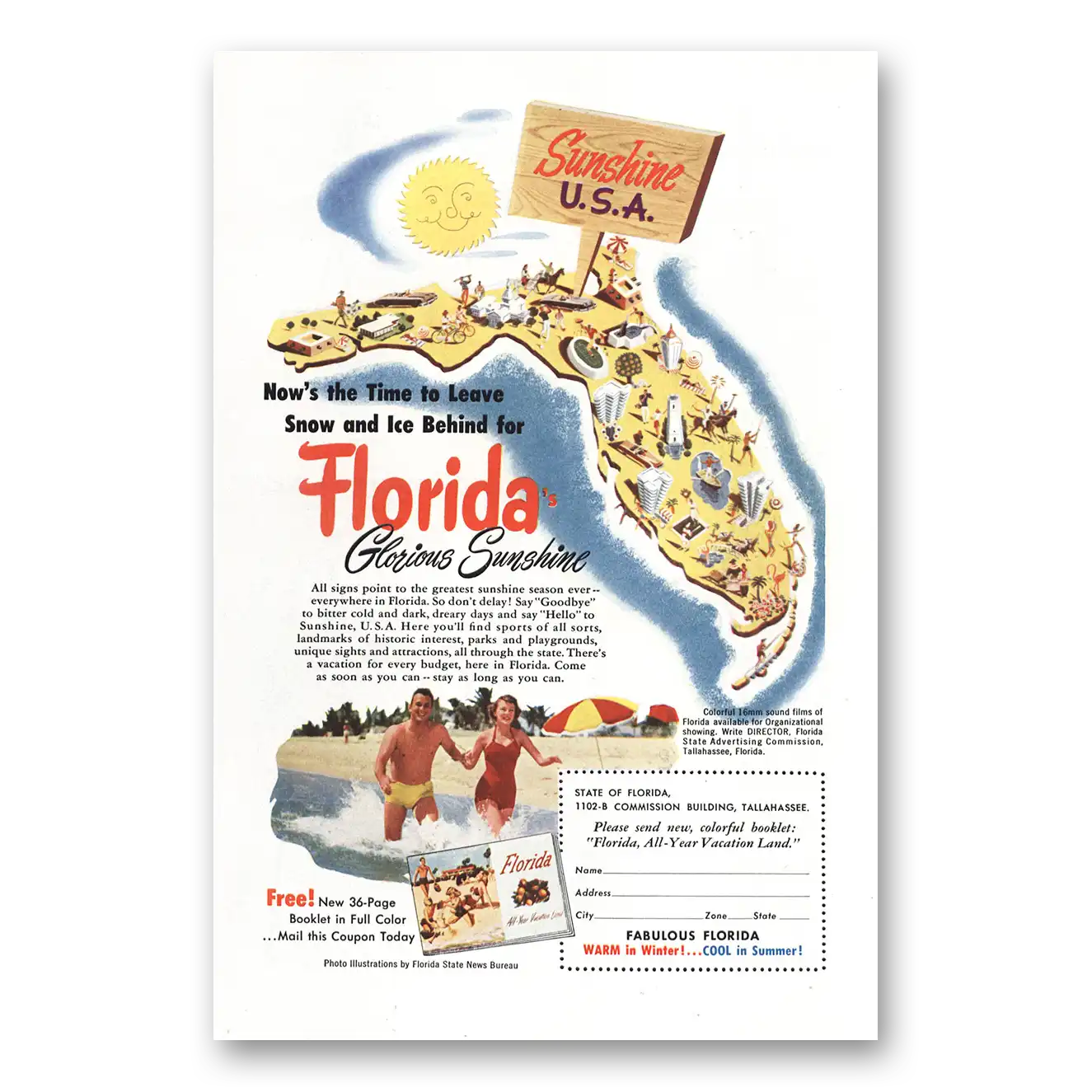 1952 Florida Time to Leave Snow and Ice Behind Vintage Magazine Print Ad