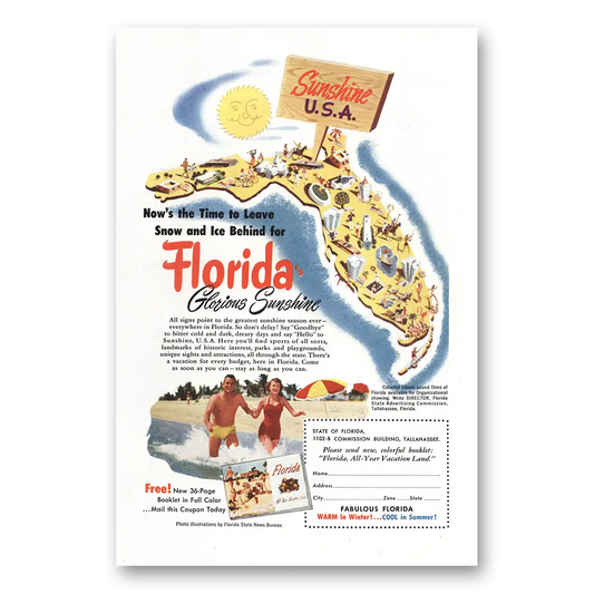 1952 Florida Time to Leave Snow and Ice Behind Vintage Magazine Print Ad