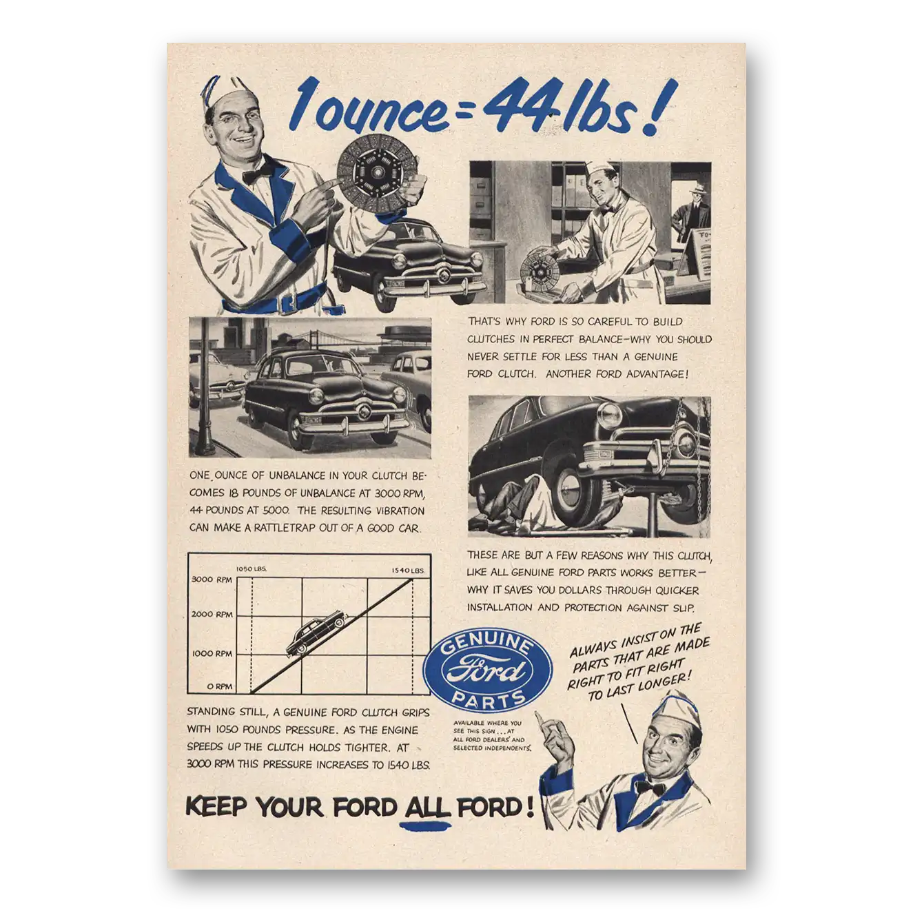 1952 Ford Parts and Service 1 Ounce 44 Lbs Vintage Magazine Print Ad