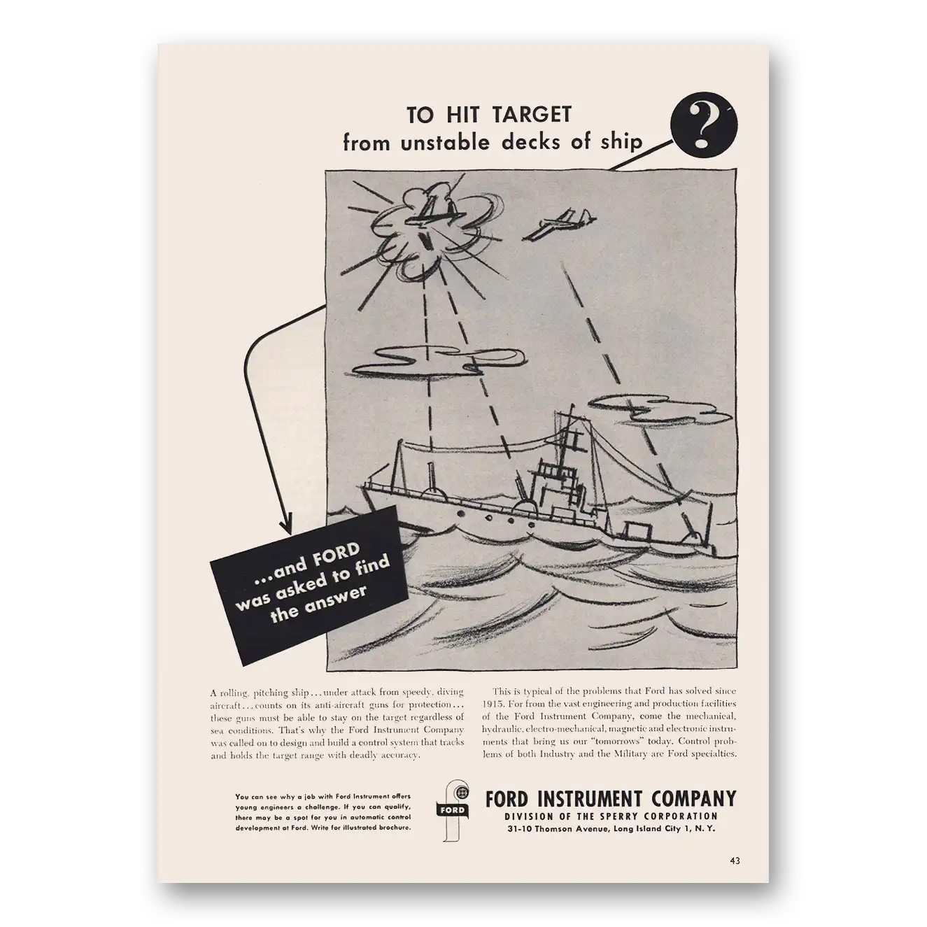 1952 Ford Instrument Unstable Decks of Ship Vintage Magazine Print Ad