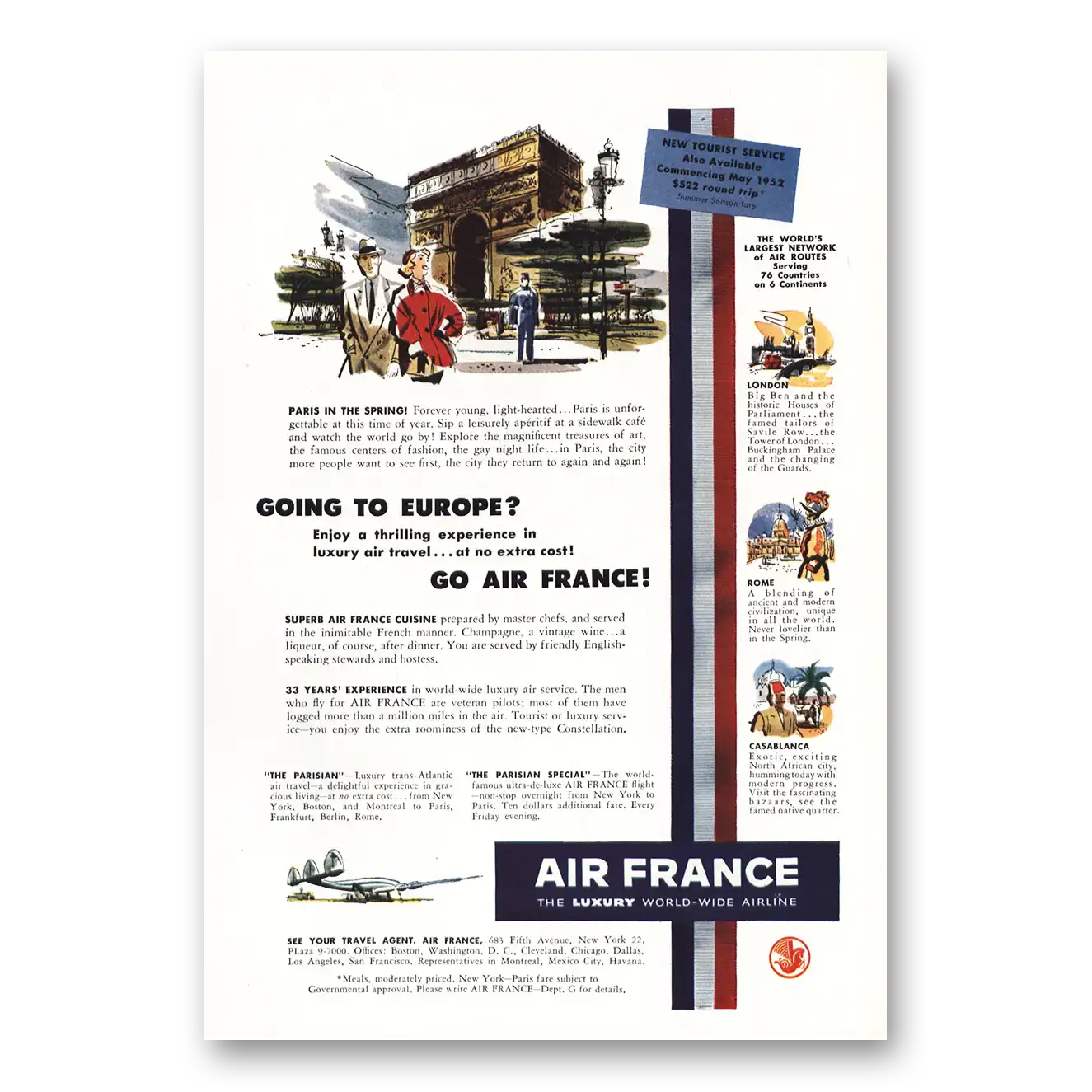 1952 Air France Going to Europe Luxury Air Travel Vintage Magazine Print Ad