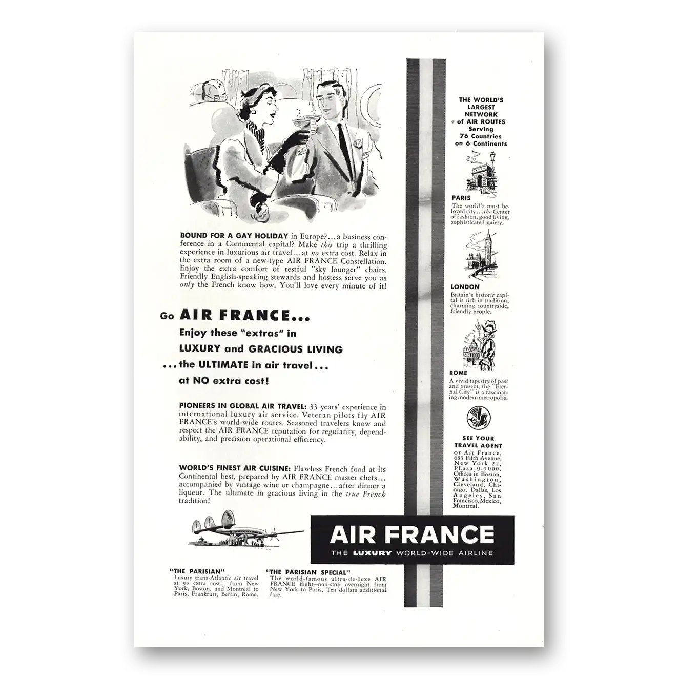 1952 Air France Bound for a Gay Holiday Vintage Magazine Print Ad