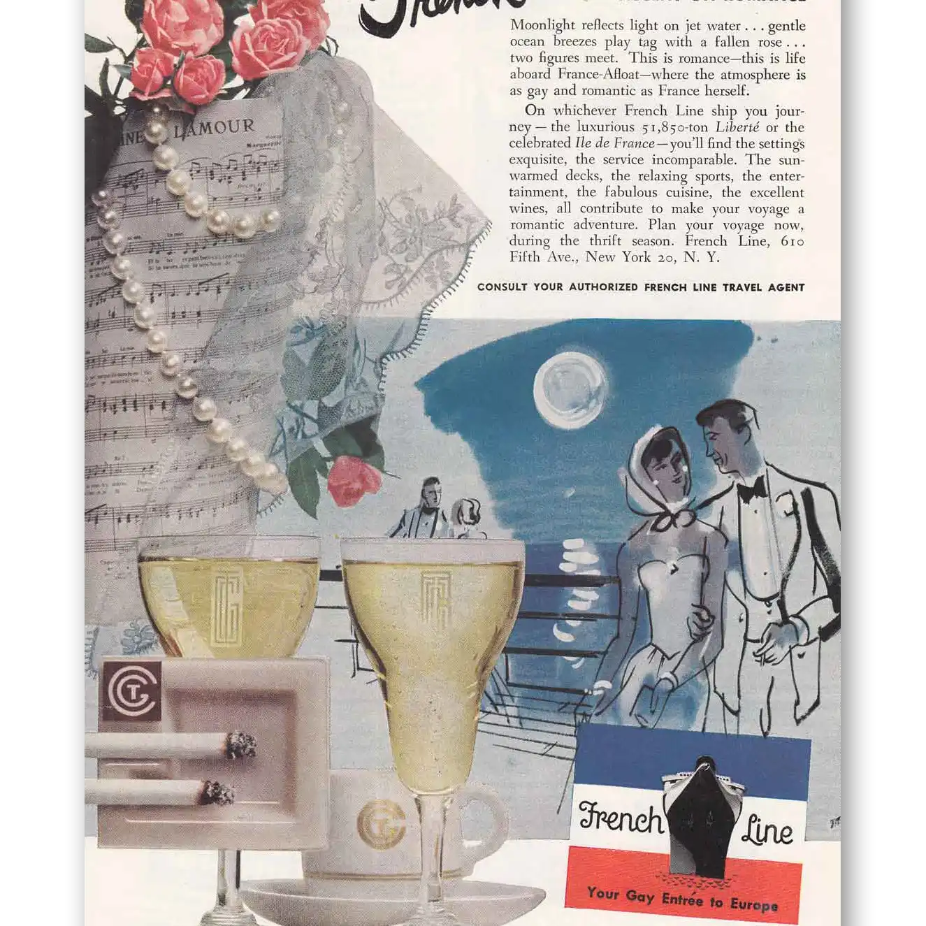 1952 French Line French Line Accent on Romance Vintage Magazine Print Ad