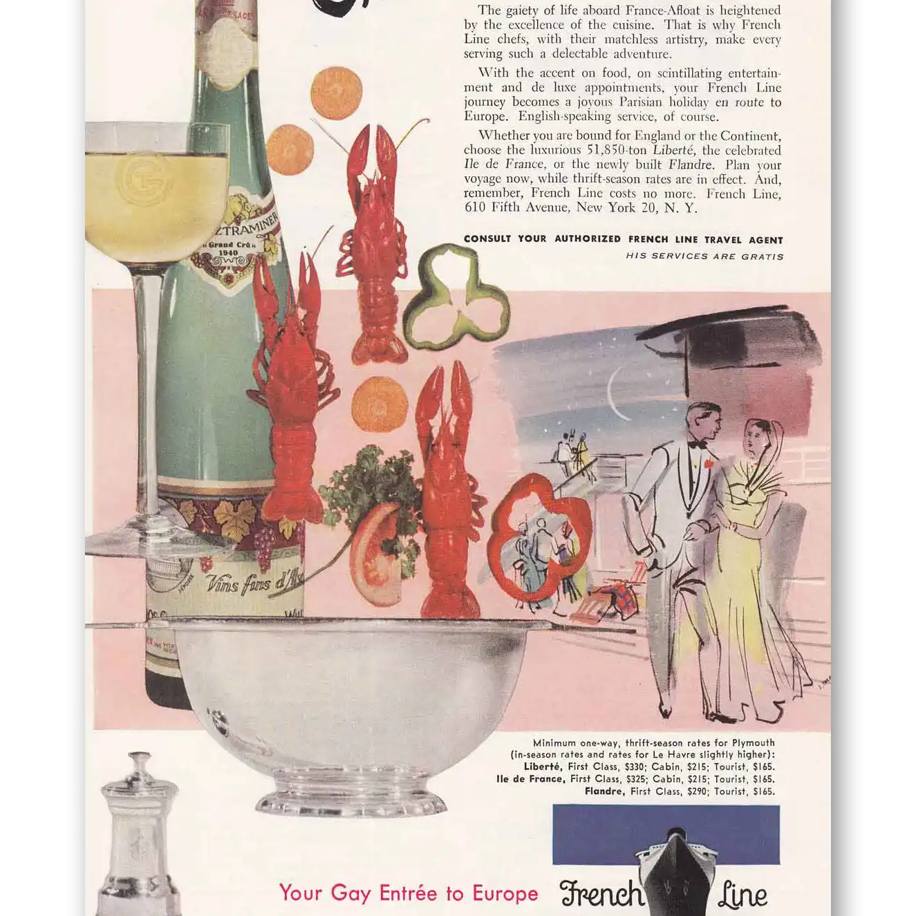 1952 French Line Accent on Cuisine Lobster Vintage Magazine Print Ad