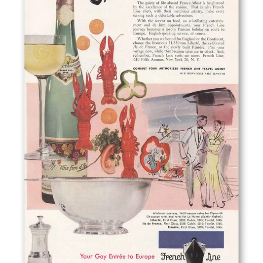 1952 French Line Accent on Cuisine Lobster Vintage Magazine Print Ad