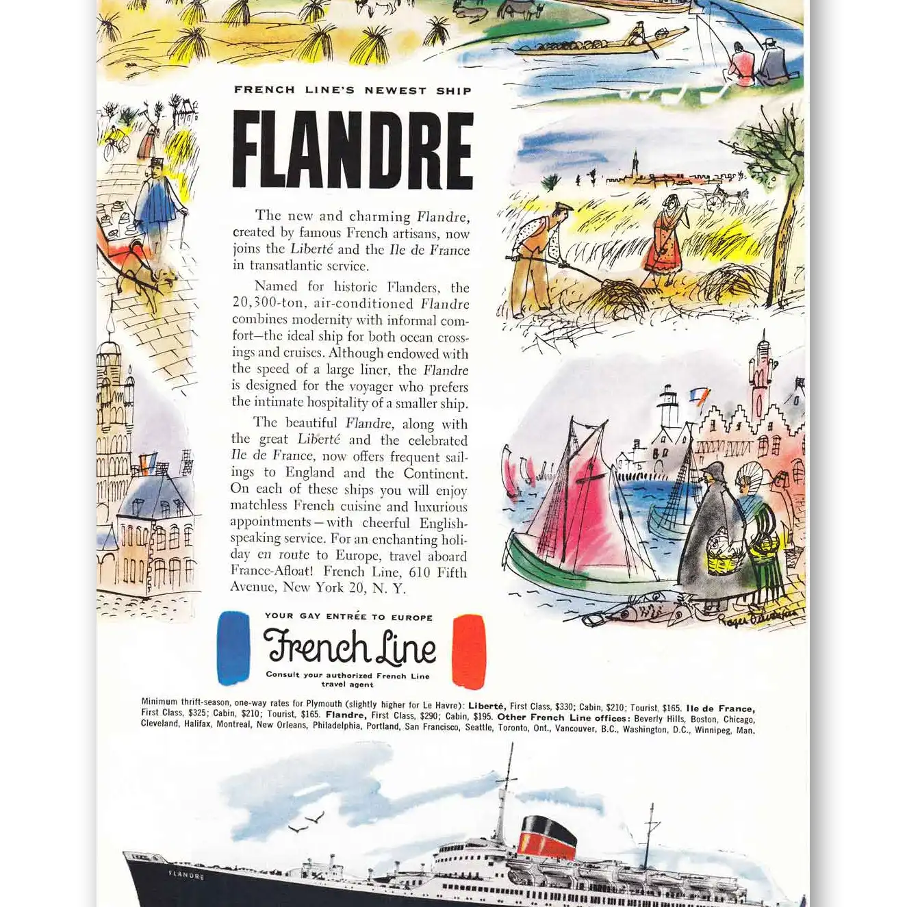 1952 French Line French Line's Newest Ship Flandre Vintage Magazine Print Ad