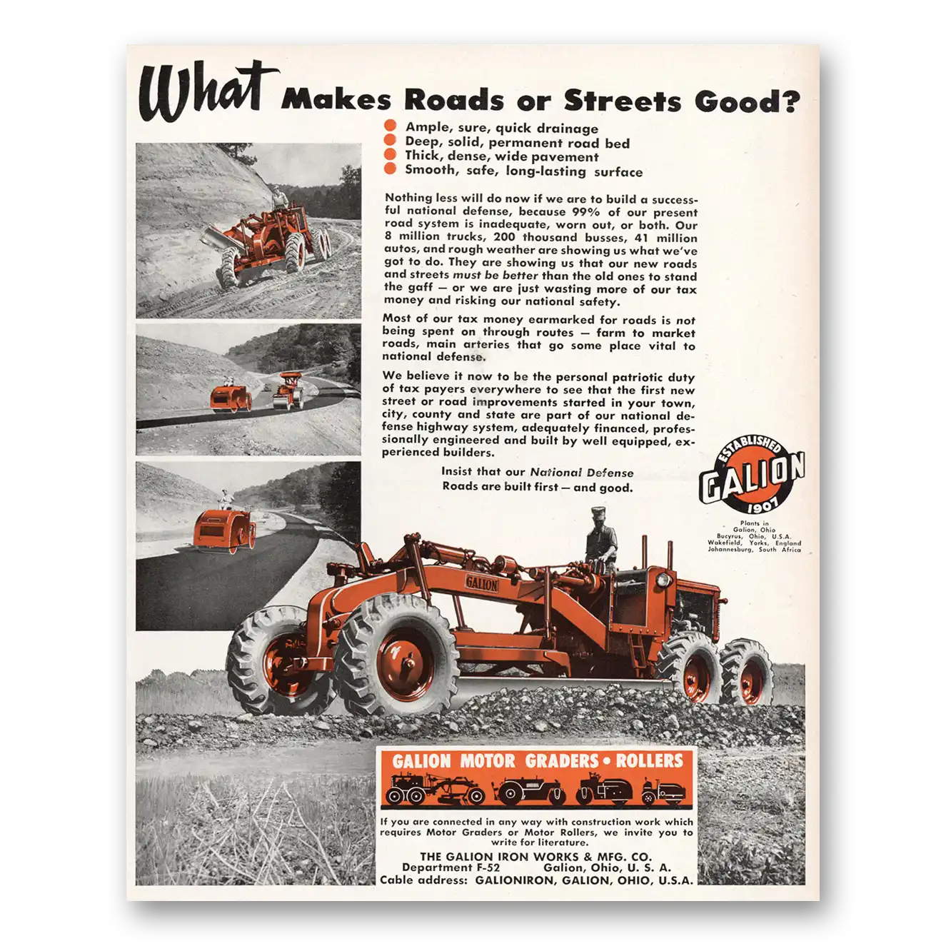 1952 Galion Iron Works What Makes Roads or Streets Good Vintage Magazine Print Ad