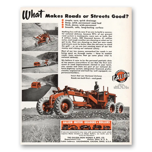 1952 Galion Iron Works What Makes Roads or Streets Good Vintage Magazine Print Ad