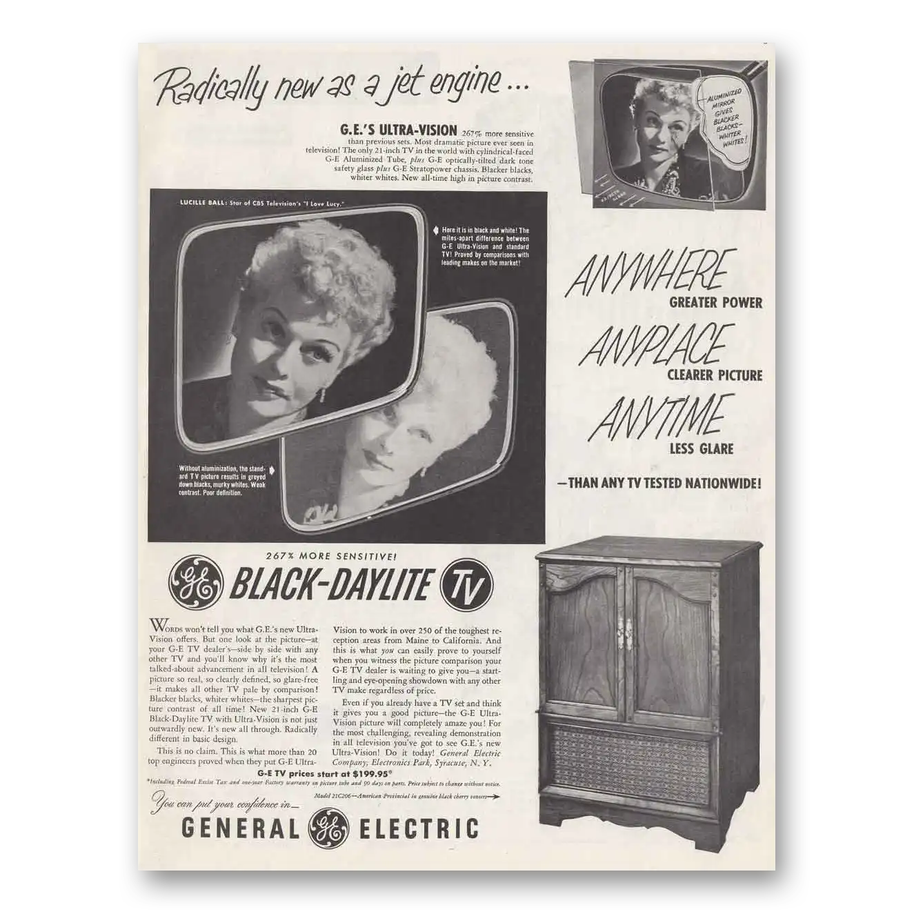 1952 General Electric Television Black Daylite TV Lucille Ball Vintage Magazine Print Ad