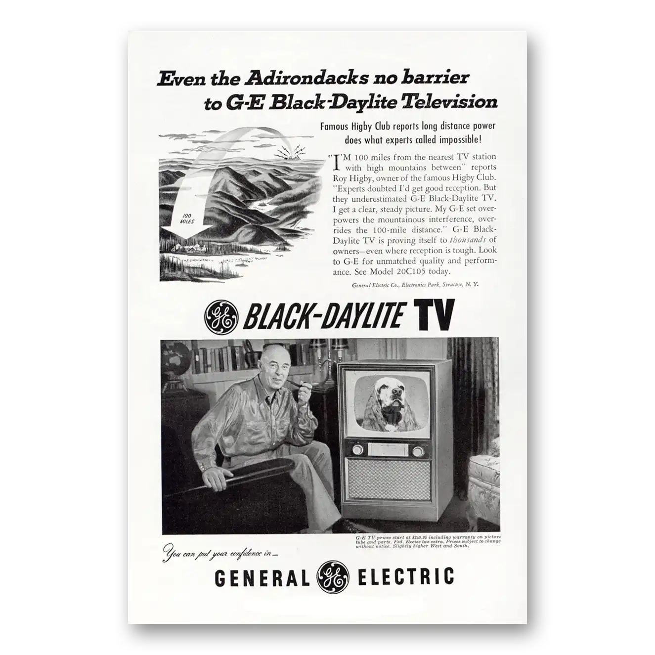 1952 General Electric Television Black Daylite TV Even the Adirondacks No Barrier Vintage Magazine Print Ad