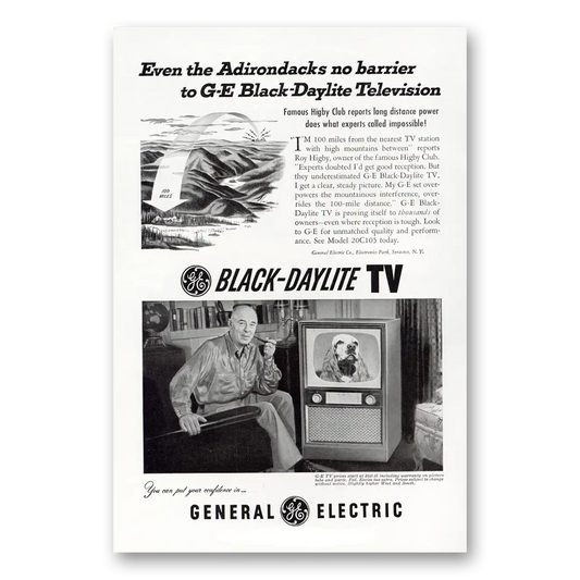 1952 General Electric Television Black Daylite TV Even the Adirondacks No Barrier Vintage Magazine Print Ad