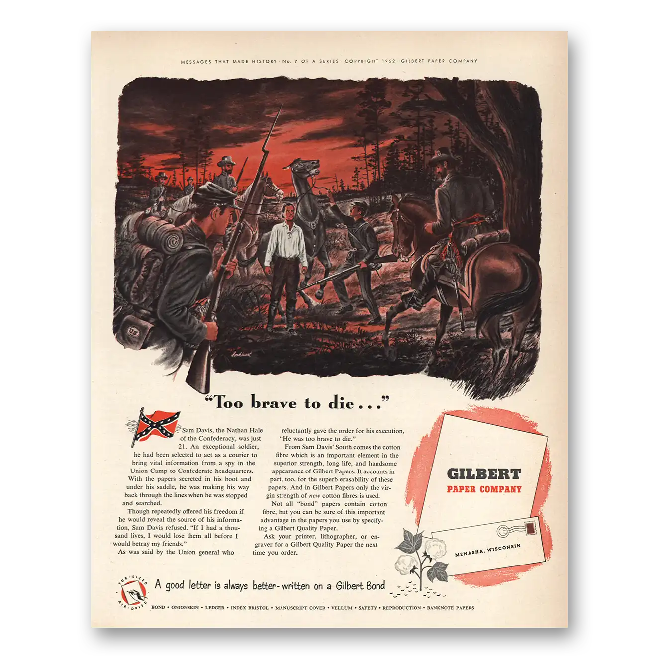 1952 Gilbert Paper Too Brave to Die Vintage Magazine Print Ad