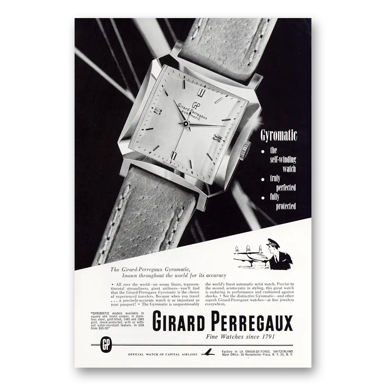 1952 Girard Perregaux Gyromatic Self Winding Watch Known Throughout the World Vintage Magazine Print Ad