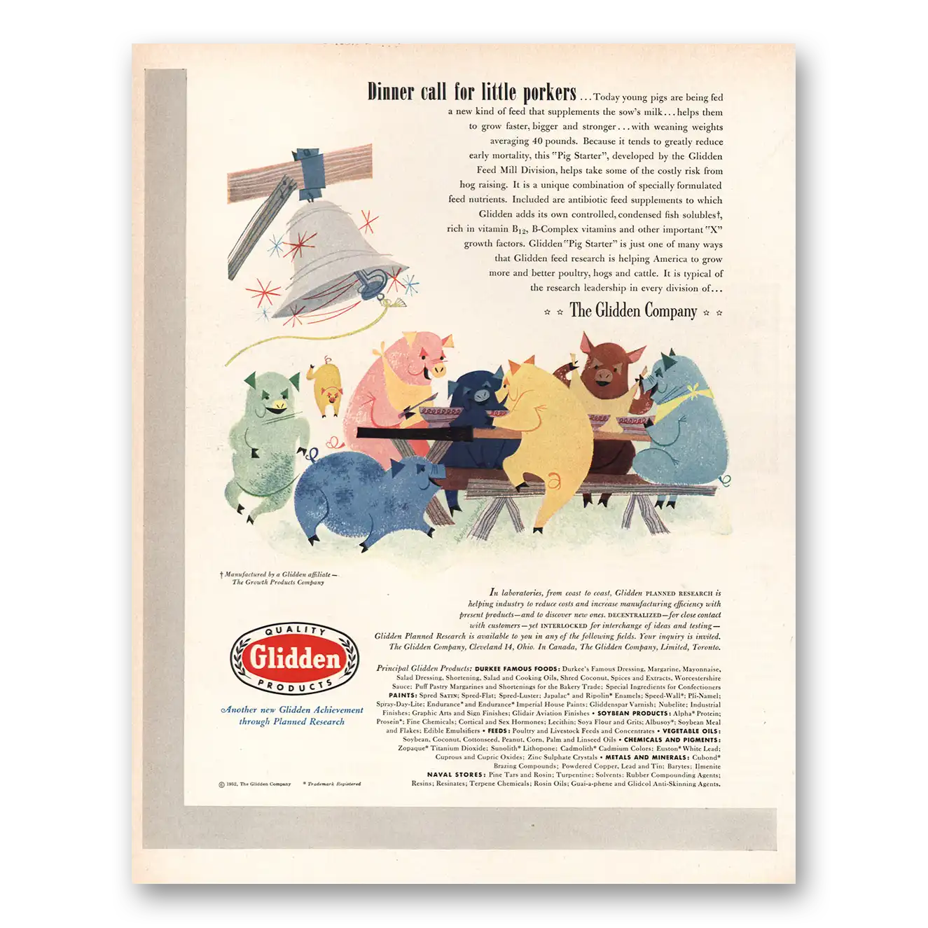 1952 Glidden Dinner Call for Little Porkers Vintage Magazine Print Ad