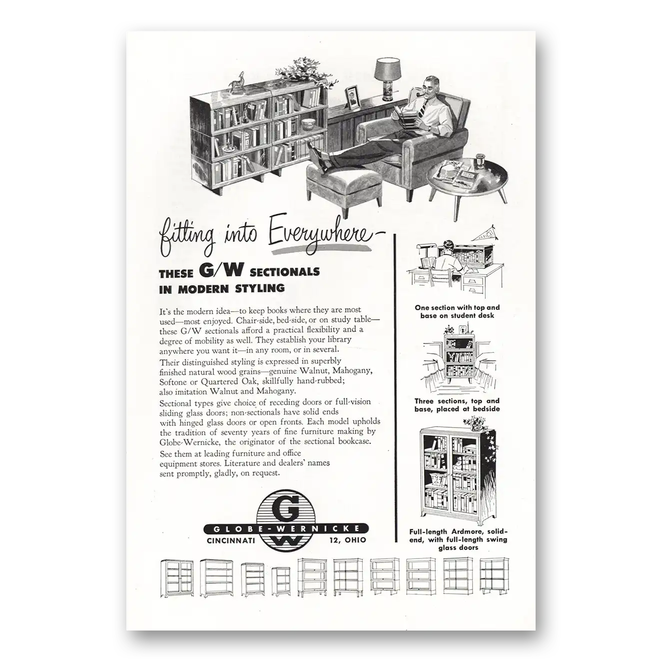 1952 Globe Wernicke GW Sectionals Modern Styling Vintage Magazine Print Ad