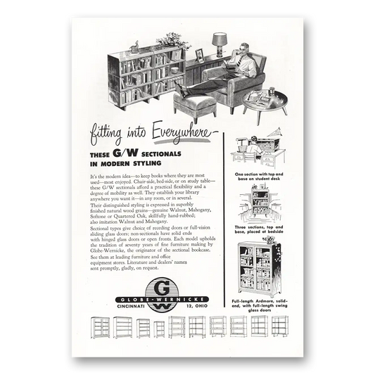 1952 Globe Wernicke GW Sectionals Modern Styling Vintage Magazine Print Ad