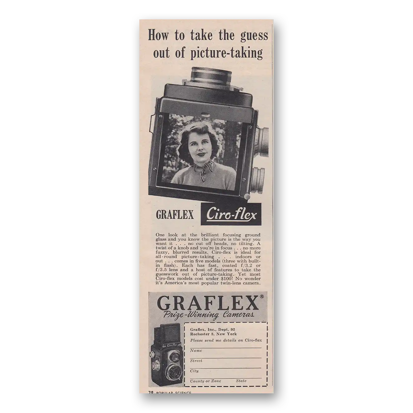 1952 Graflex Cameras Take the Guess Out of Picture Taking Ciro Flex Vintage Magazine Print Ad